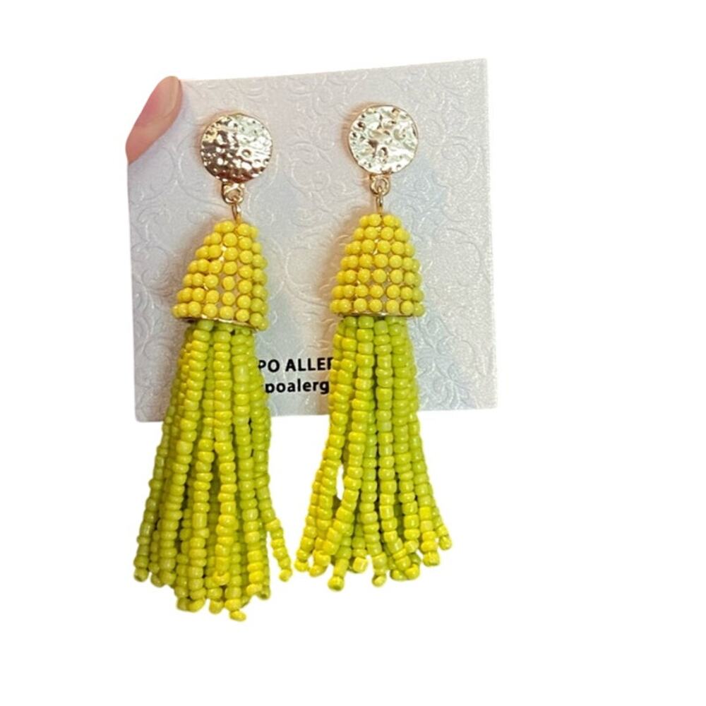Yellow beaded tassel earrings gold tone